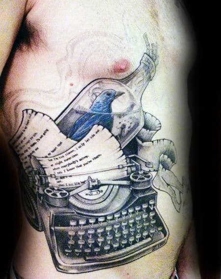 Bird In A Bottle With Typewriter Mens Rib Cage Side Tattoo