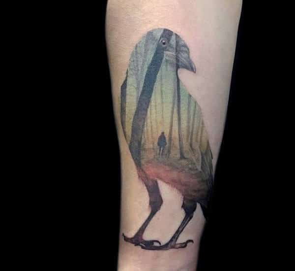 Bird With Forest Unique Guys Forearm Tattoos