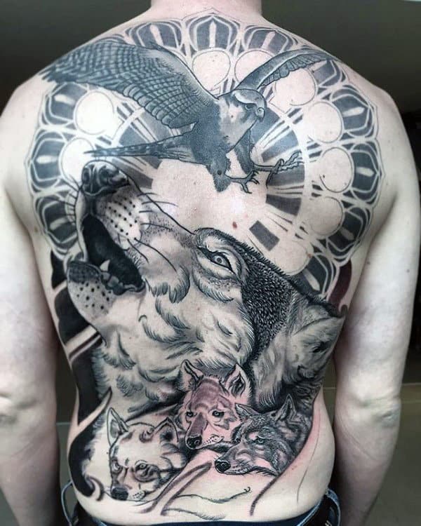 Bird With Howling Wolf Mens Full Back Tattoos