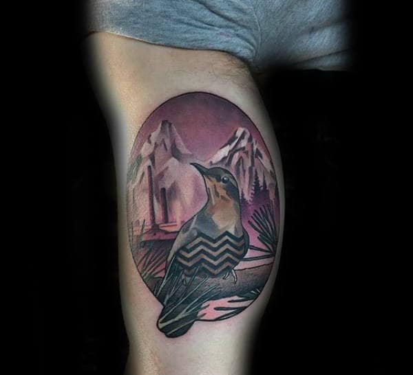 Bird With Mountains Twin Peaks Guys Inner Arm Bicep Tattoos