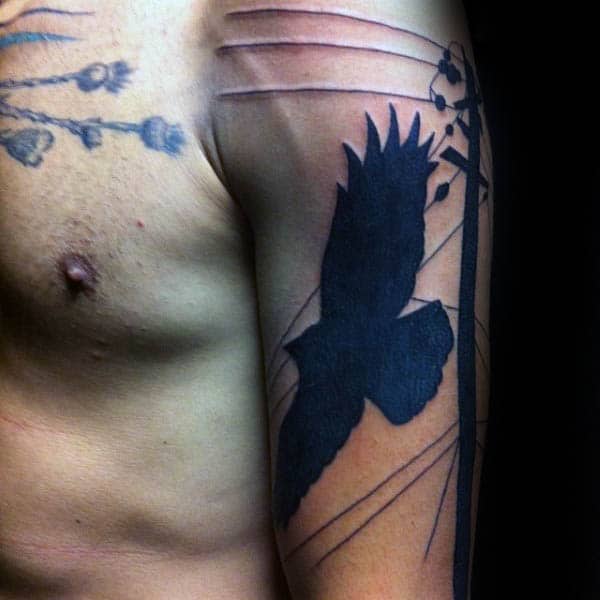 Bird With Power Line Silhouette Guys Upper Arm Tattoos