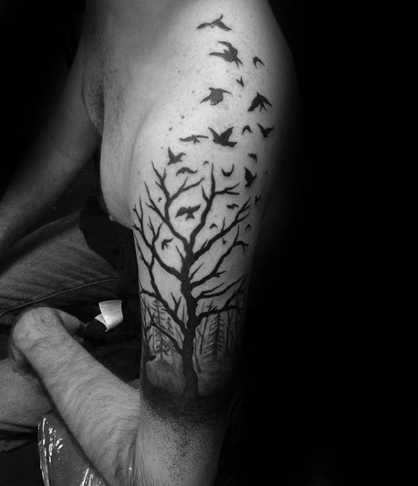 Birds Flying From Tree Mens Silhouette Upper Arm Tattoos