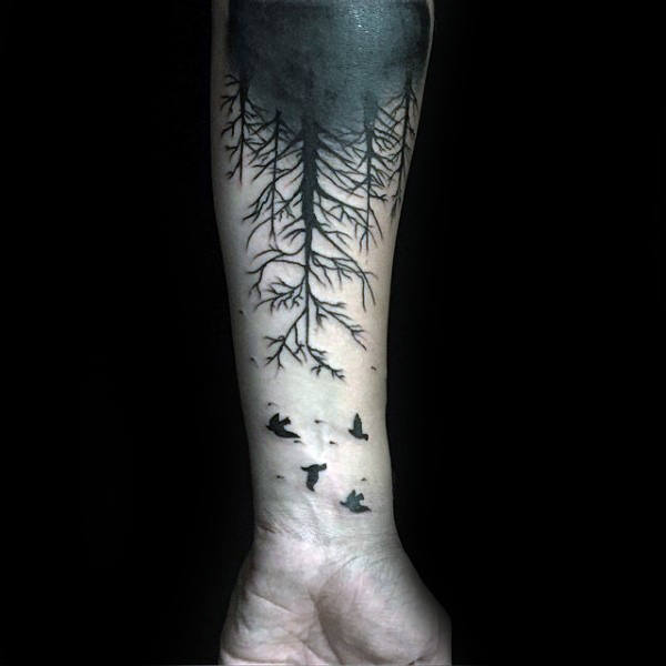 Birds Flying Over Trees Male Forest Tattoos On Forearm With Blackwork Design