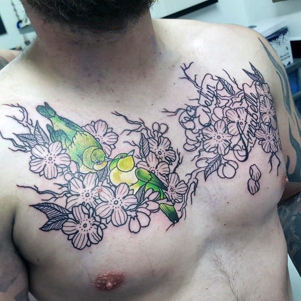 Birds In Cherry Blossom Tree Mens Chest Tattoos