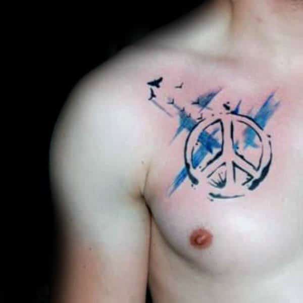 Birds Peace Sign Watercolor Chest Tattoos For Males