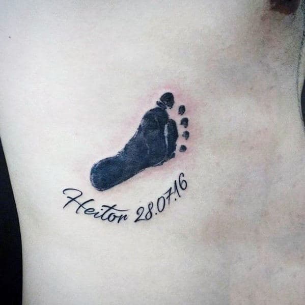 birthdate with kids name and footprint mens rib cage side tattoo