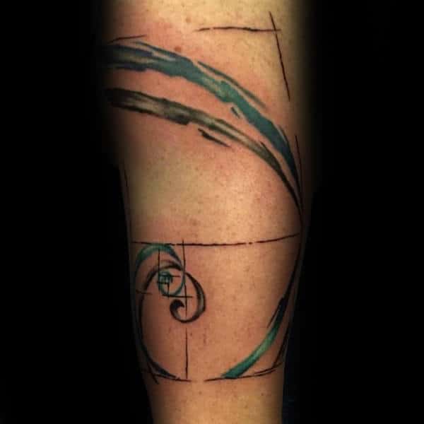 Black And Blue Ink Fibonacci Spiral Mens Watercolor Tattoos