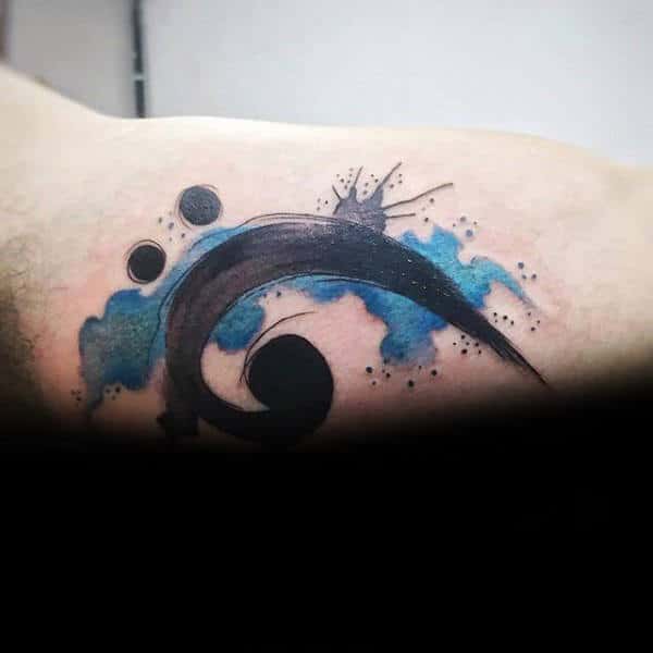 Black And Blue Music Note Watercolor Tattoo On Mans Inner Arm
