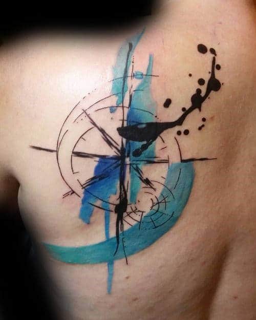 Black And Blue Paint Splatter Watercolor Compass Mens Back Tattoo