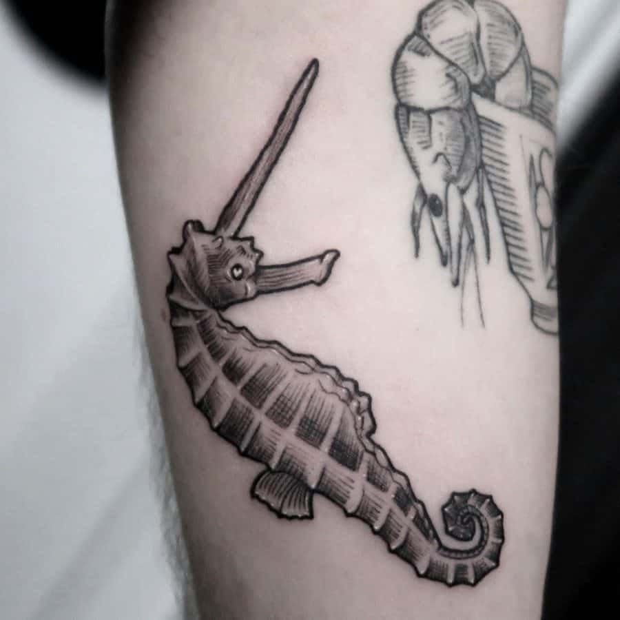 Black And Gray Detailed Seahorse With Horn Funny Unicorn Tattoo