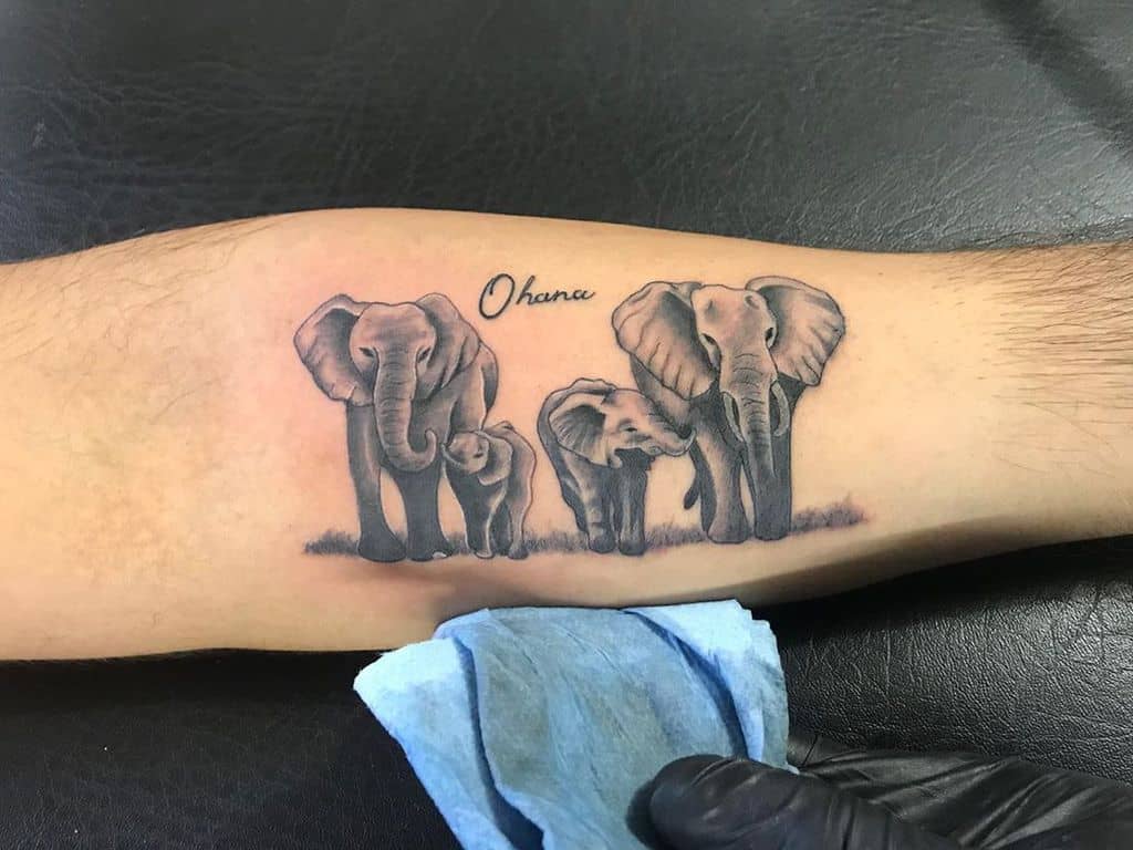 Black And Gray Elephant Ohana Tattoo
