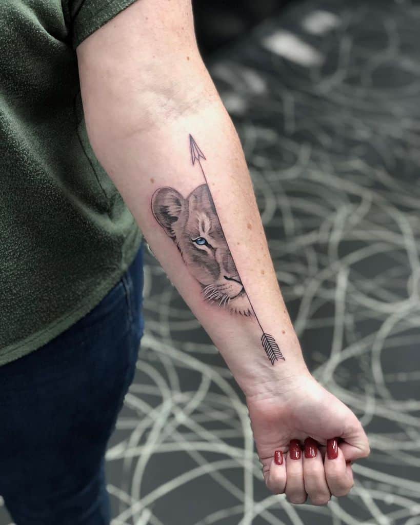 Black And Gray Matching Lioness Tattoo