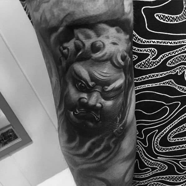 Black And Grey 3d Realistic Fudo Myoo Tattoo Ideas On Guys