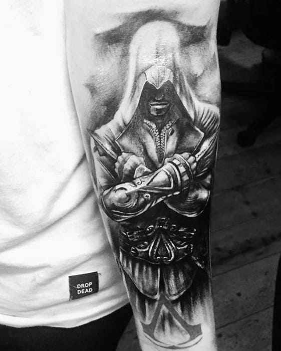 Black And Grey Assassins Creed Inner Forearm Tattoo Designs For Men