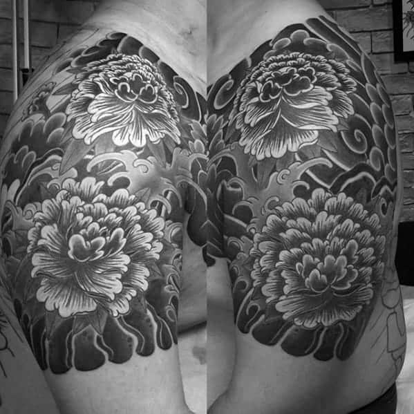 black-and-grey-carnation-flower-male-japanese-quarter-sleeve-tattoos