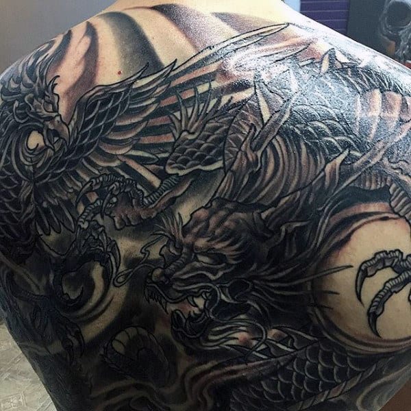 Black And Grey Dark Male Dragon Back Tatoto Inspiration