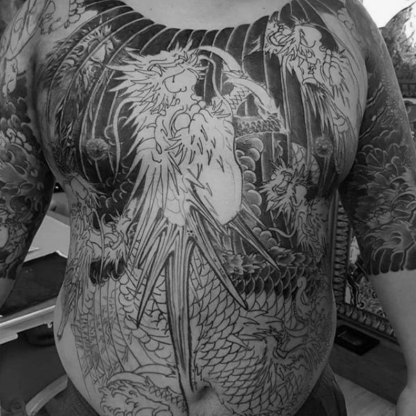 Black And Grey Dragon Japanese Male Chest Tattoos