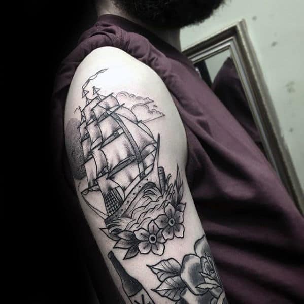 Black And Grey Flower With Ship Traditional Guys Arm Tattoos