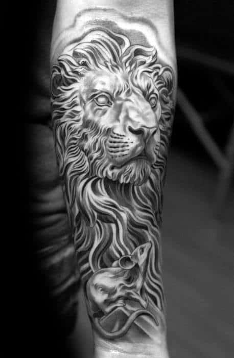Black And Grey Forearm Mens Lion Statue Tattoo Ideas
