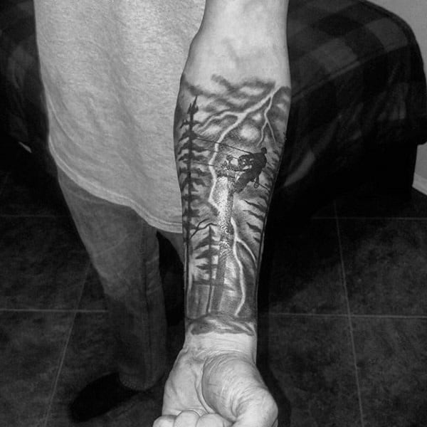 Black And Grey Forearm Sleeve Lineman Mens Tattoos