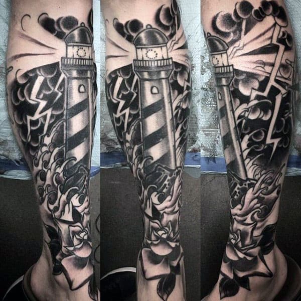 Black And Grey Forearm Sleeve Male Traditional Lighthouse Tattoos