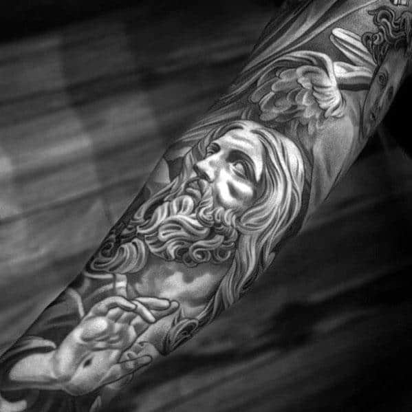 Black And Grey Heavily Shaded Angel With Jesus Mens Sleeve Tattoo