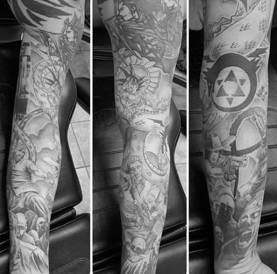 black and grey heavily shaded sleeve final fantasy mens tattoos