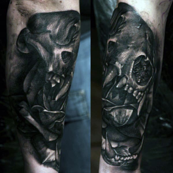 Black And Grey Honey Badger Skull Mens Outer Forearm Tattoos.
