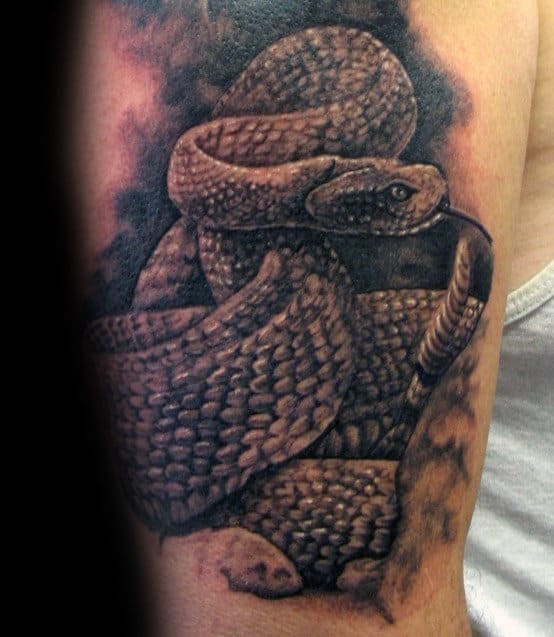 Black And Grey Ink 3d Rattlesnake Mens Arm Tattoo