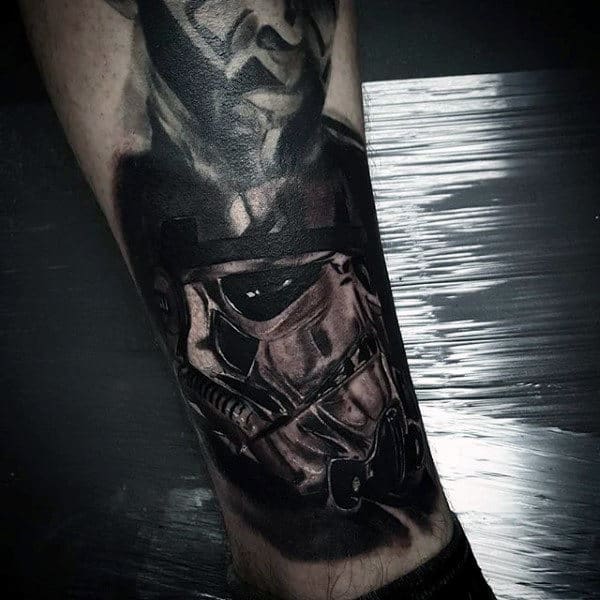 Black And Grey Ink Dark Guys Stormtrooper Lower Leg Tattoos