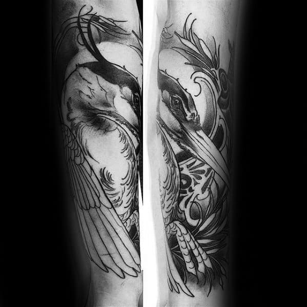 Black And Grey Ink Forearm Creative Heron Tattoos For Men