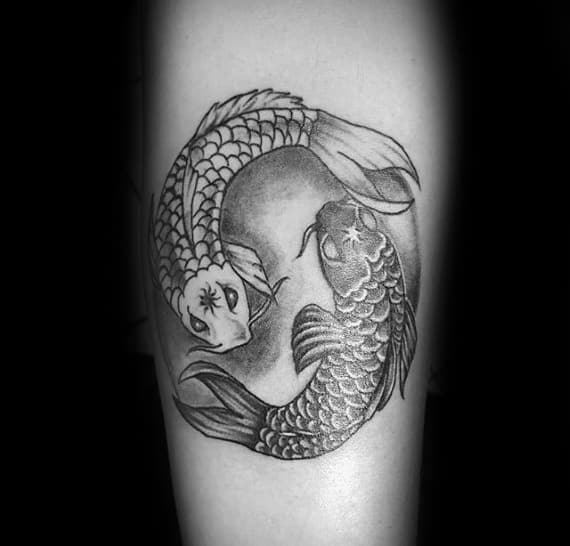 Black And Grey Ink Forearm Male Cool Yin Yang Koi Fish Tattoo Ideas