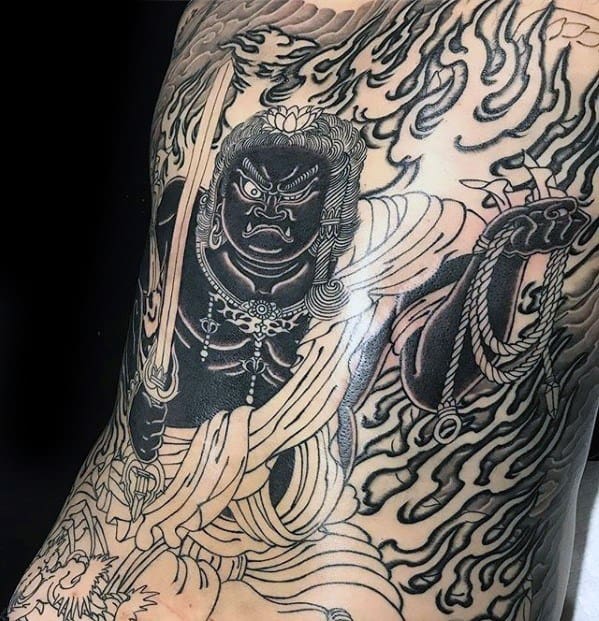 Black And Grey Ink Fudo Myoo Guys Tattoos On Back