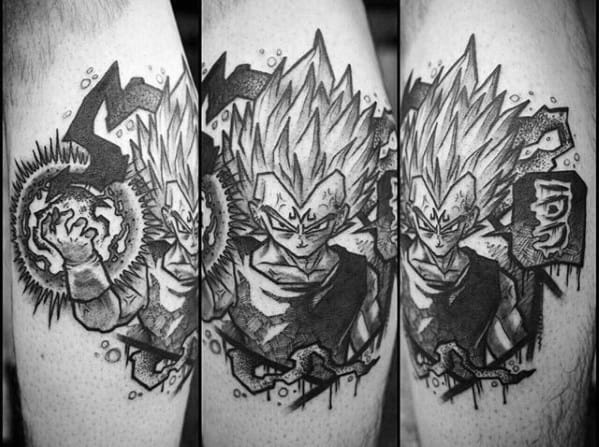 Black And Grey Ink Guys Manly Vegeta Leg Tattoos