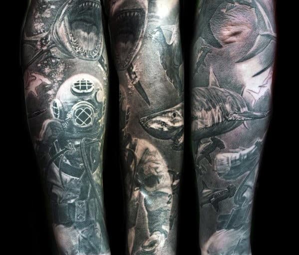 Black And Grey Ink Guys Sleeve Shark Themed Tattoo Ideas