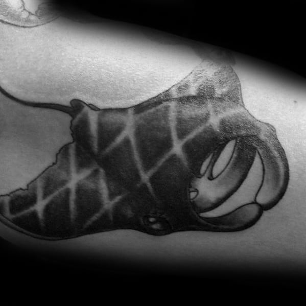 Black And Grey Ink Inner Arm Bicep Design Gentleman With Manta Ray Tattoo