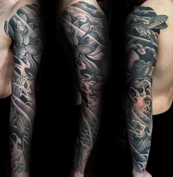 black-and-grey-ink-mens-lotus-flower-full-sleeve-tattoos
