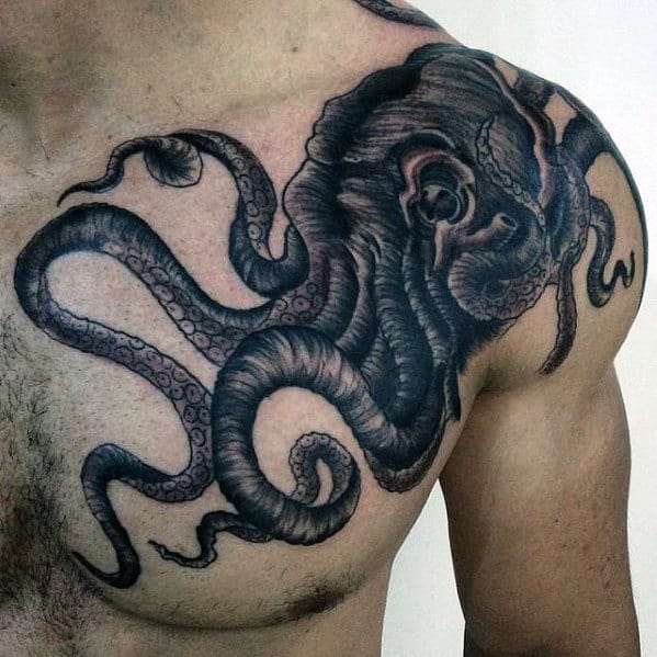 Black And Grey Ink Octopus Chest And Shoulder Tattoos For Men