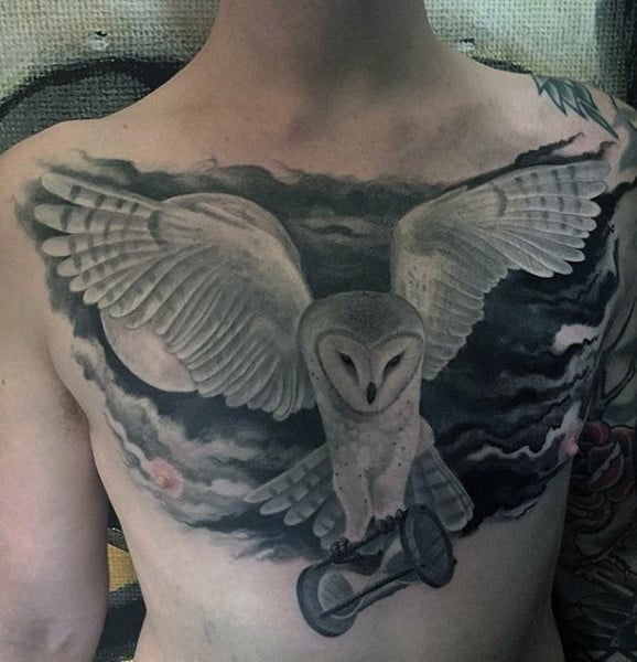 Black And Grey Ink Owl Chest Tattoo On Guys