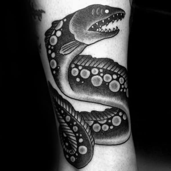 Black And Grey Ink Shaded Forearm Guys Eel Tattoo