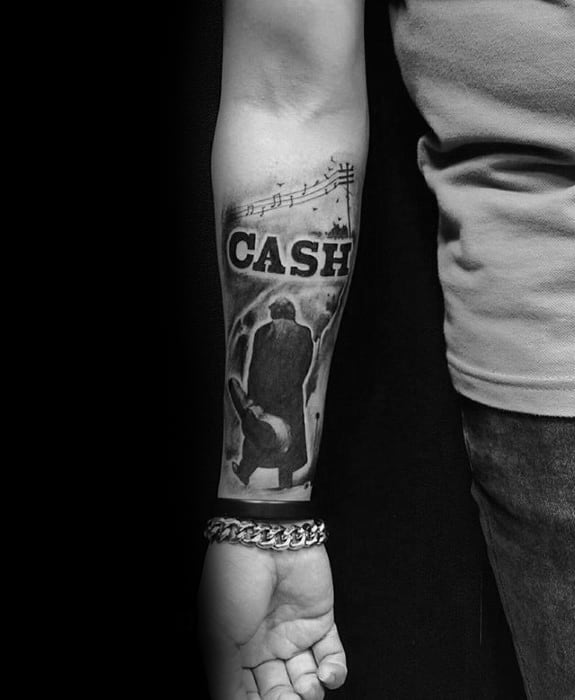 Black And Grey Ink Shaded Inner Forearm Male Johnny Cash Tattoo Designs