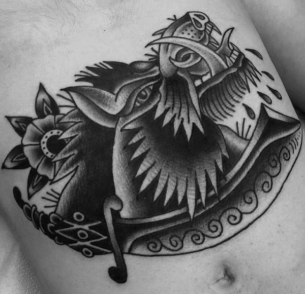 Black And Grey Ink Shaded Male Boar Stomach Tattoo With Traditional Design