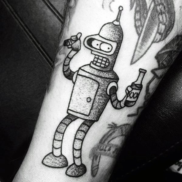 Black And Grey Ink Shaded Mens Bender Robot Arm Tattoos