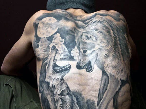 Black And Grey Ink Shaded Mens Realistic Wolf Themed Back Tattoos