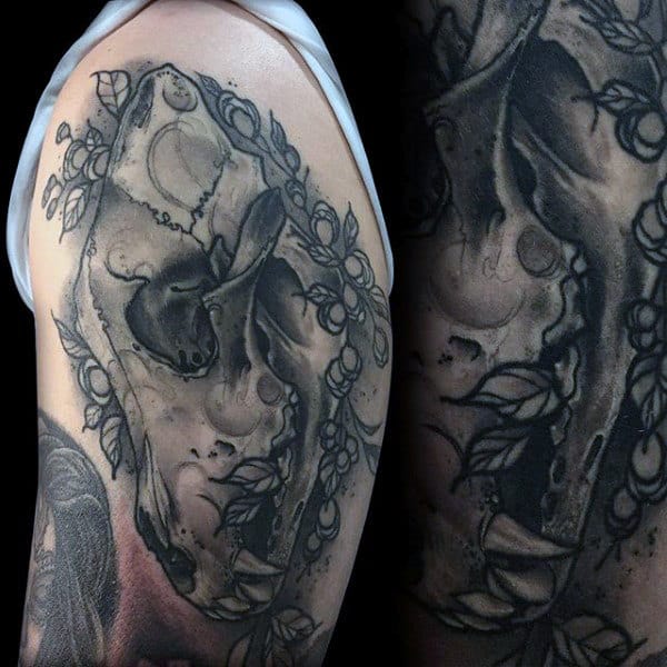 Black And Grey Ink Wolf Skull Male Tattoo On Arm