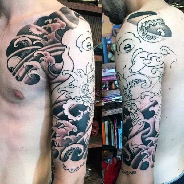 Black And Grey Japanese Octopus Half Sleeve Tattoo Ideas For Guys