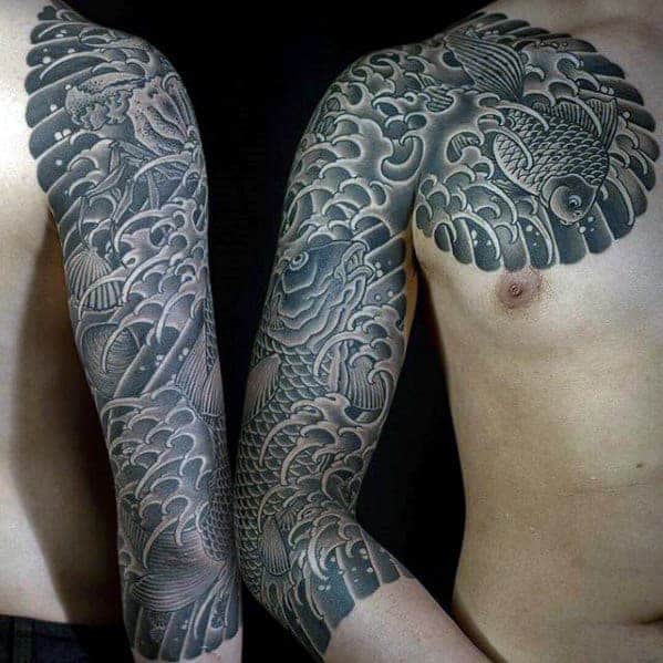 black-and-grey-koi-fish-with-waves-mens-japanese-half-sleeve-tattoo