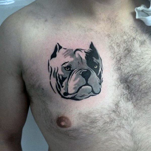 Black And Grey Male Bulldog Upper Chest Tattoos