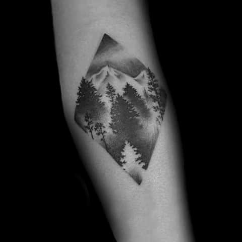 Black And Grey Male Diamond Forest Tattoo Inspiration On Forearms