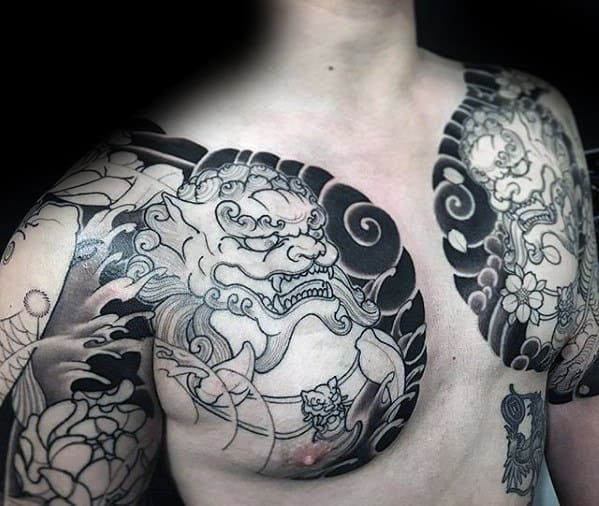 Black And Grey Male Japanese Upper Chest Fu Dog Tattoos